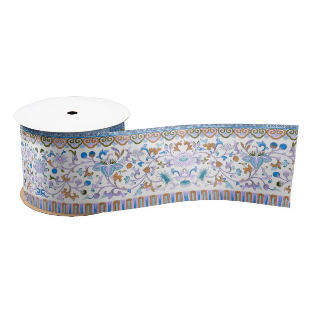 Antique oriental floral pattern pink blue white satin ribbon (Spool)
