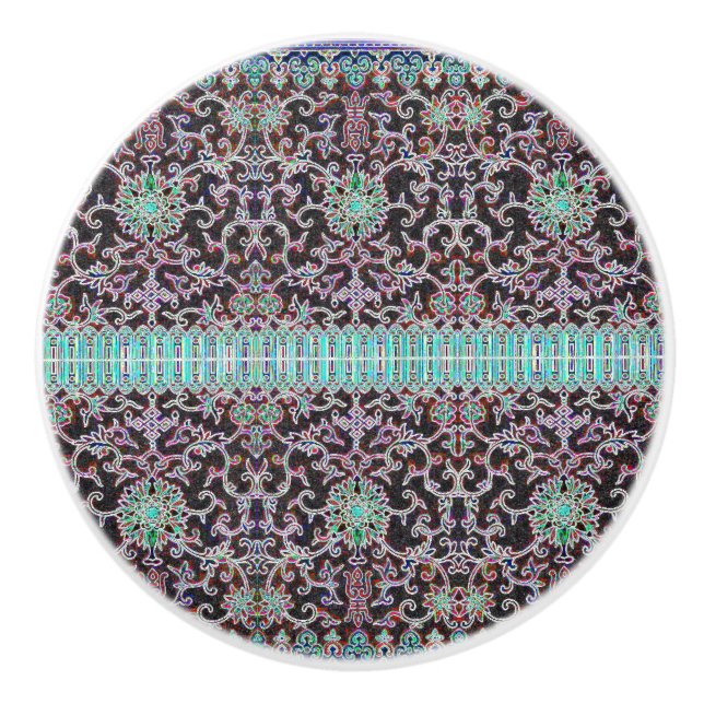 Antique oriental floral pattern purple brown teal ceramic knob (Front)