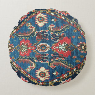Antique,Oriental Persian, Turkish Carpet, Blue Round Cushion