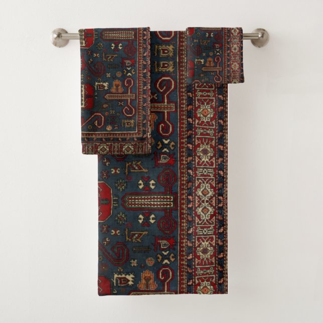 Antique Oriental Red Slate Grey Persian Carpet Bath Towel Set (Insitu)