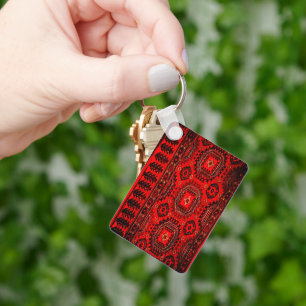 Antique Oriental rug design in vivid red Key Ring