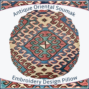 Antique Oriental Soumak Embroidery Design Round Cushion