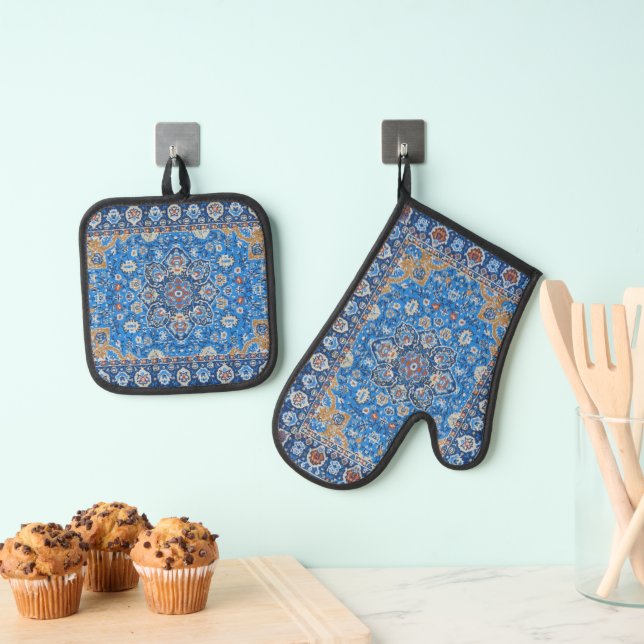 Antique Oriental Turkish Persian Carpet Blue Oven Mitt & Pot Holder Set (Insitu(Hanging))