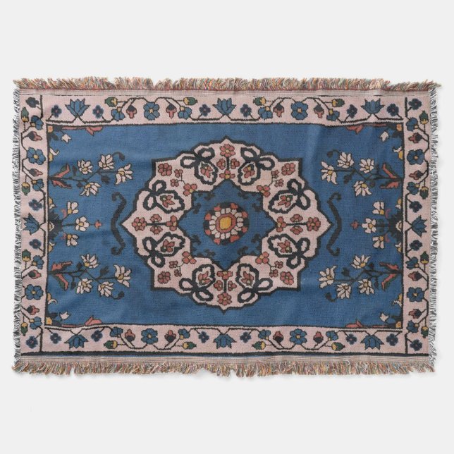 Antique Oriental Turkish Persian Carpet Blue Throw Blanket (Front)
