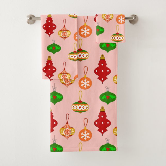 Antique Ornament Pattern in Red, Green and Pink Bath Towel Set (Insitu)
