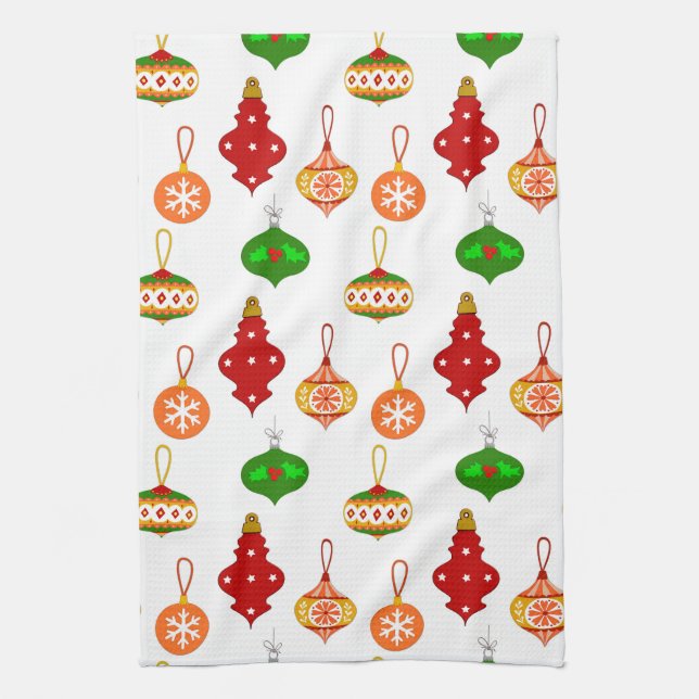 Antique Ornament Pattern in Red, Green and White Tea Towel (Vertical)