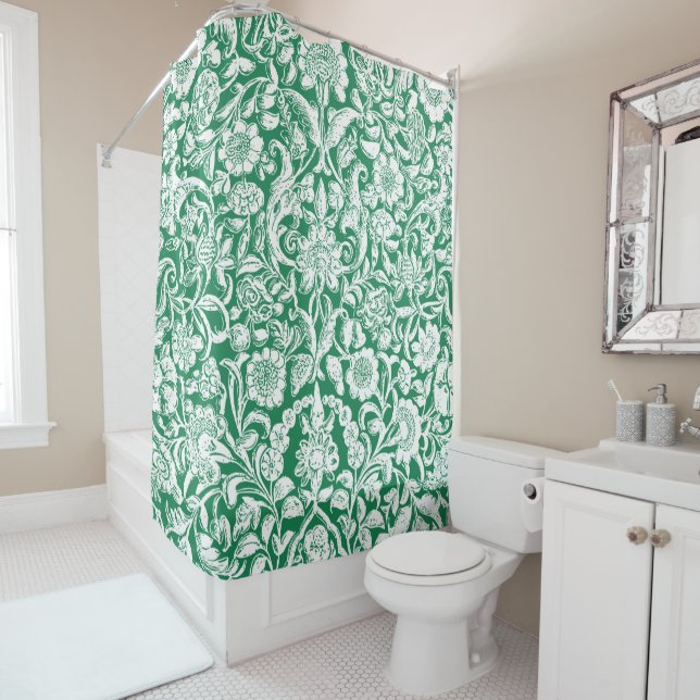 Antique Ornamental Floral white on jewel green Shower Curtain (In Situ)