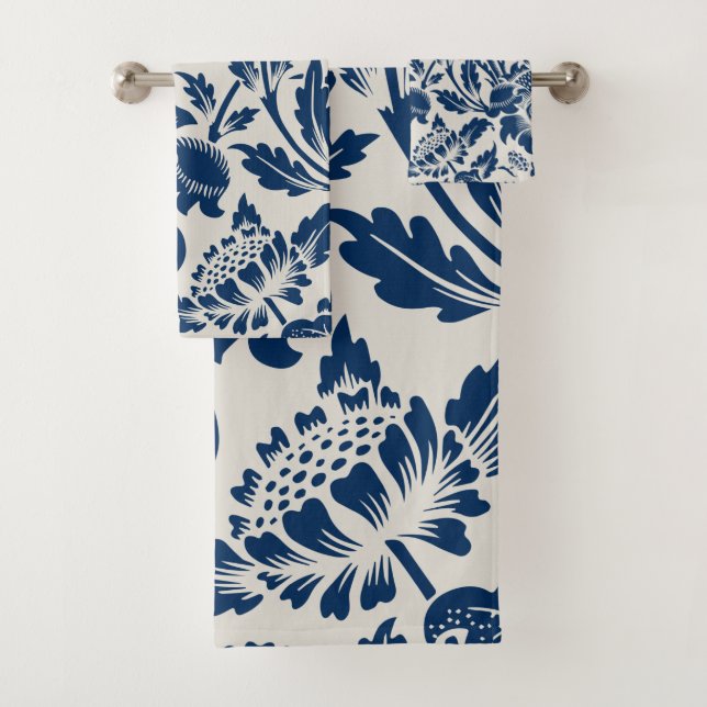 Antique Ornamental Floral white on navy Bath Towel Set (Insitu)