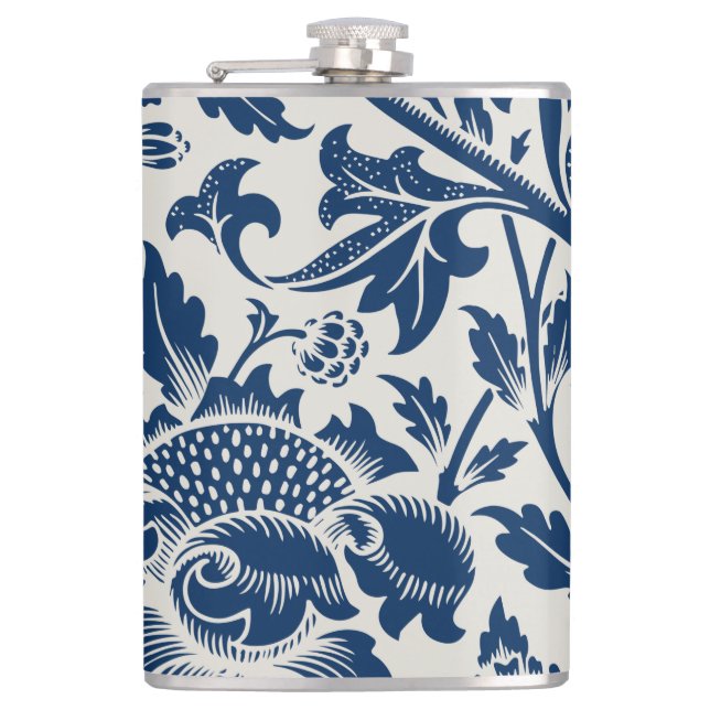 Antique Ornamental Floral white on navy Hip Flask (Front)