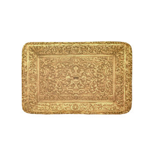 Antique Ornamental Golden Floral Pattern Bath Mat