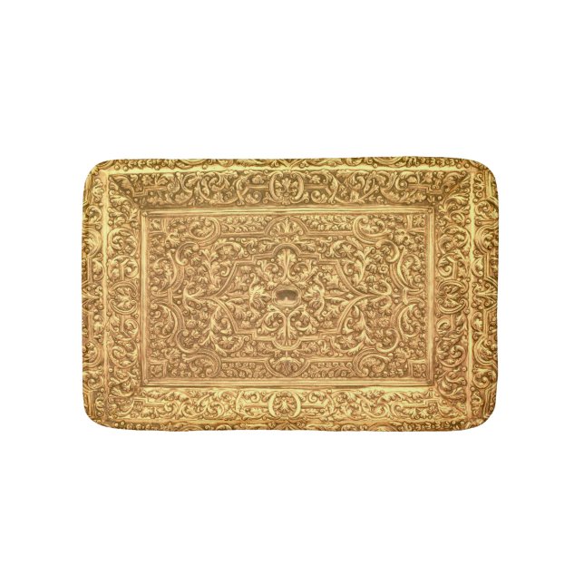 Antique Ornamental Golden Floral Pattern Bath Mat (Front)