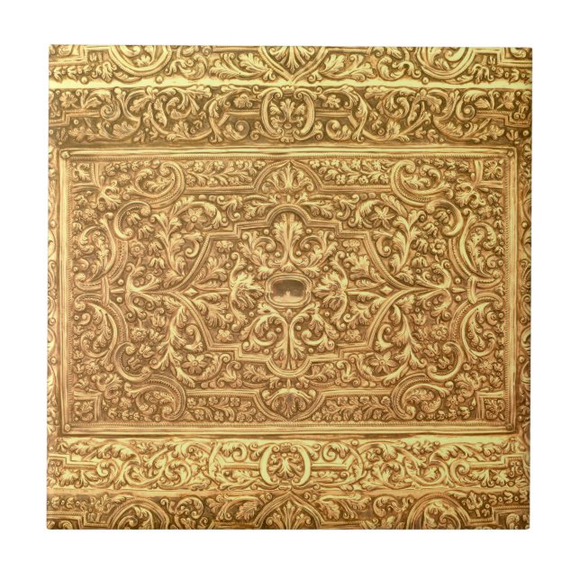 Antique Ornamental Golden Floral Pattern Tile (Front)