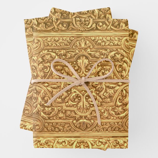 Antique Ornamental Golden Floral Pattern Wrapping Paper Sheet (In situ)