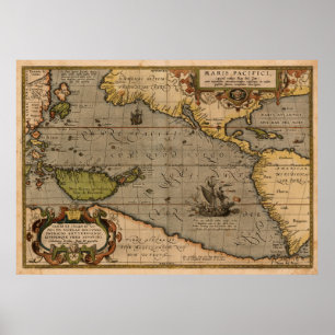 Antique Ortelius Map of the Pacific Sea Poster
