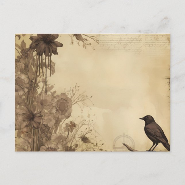 Antique Paper  Black Bird and Flowers Halloween Holiday Postcard (Front)