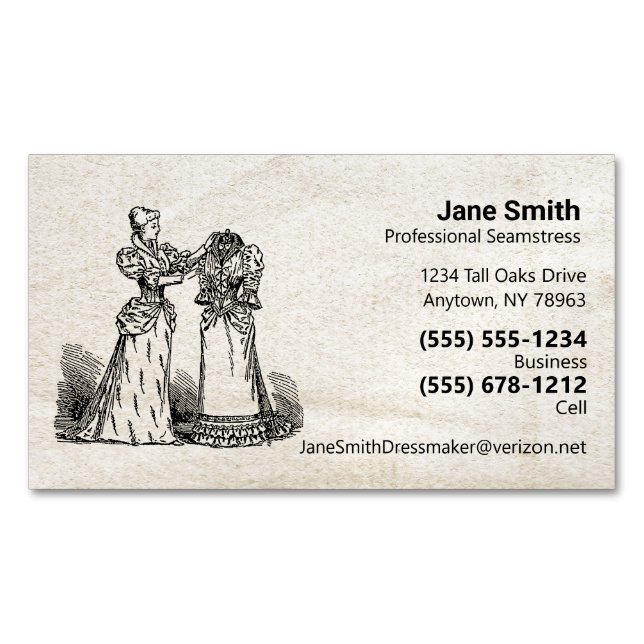 Antique Paper Old Fashion Seamstress Dressmaker  Magnetic Business Card (Front)