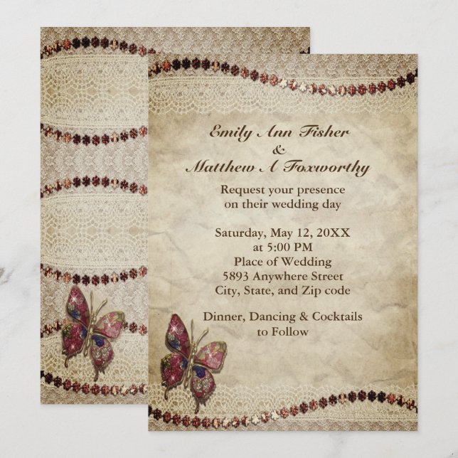 Antique Parchment, Lace, Beads & Butterfly Wedding Invitation (Front/Back)