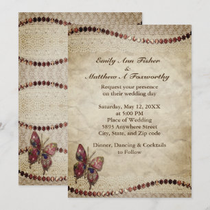 Antique Parchment, Lace, Beads & Butterfly Wedding Invitation