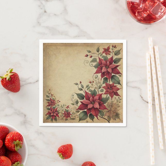 Antique Parchment Poinsettia Border Découpage Napkin (Insitu)