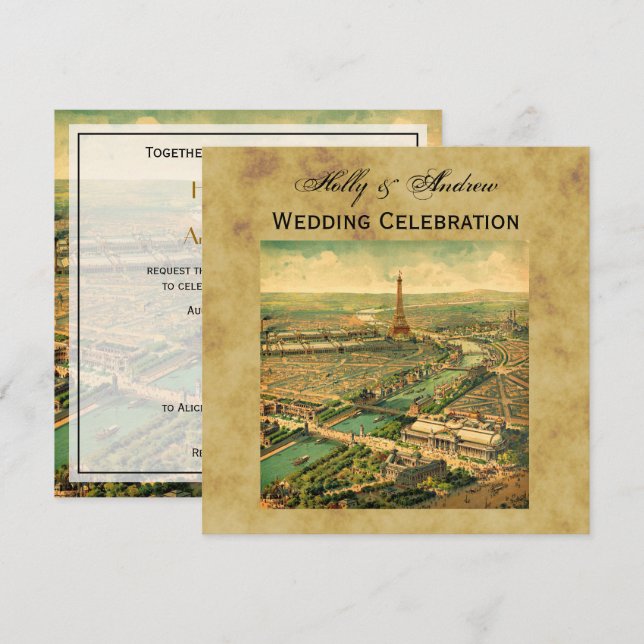 Antique Paris Distressed BG SQ Wedding Invitation (Front/Back)