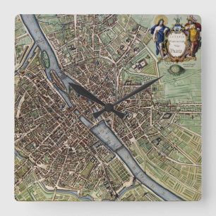 Antique Paris Map 1657 Seine River Vintage France Square Wall Clock