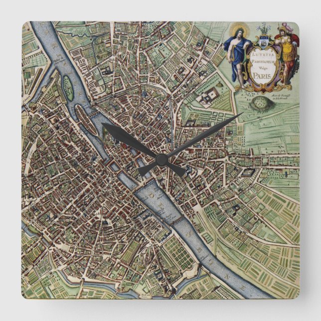 Antique Paris Map 1657 Seine River Vintage France Square Wall Clock (Front)