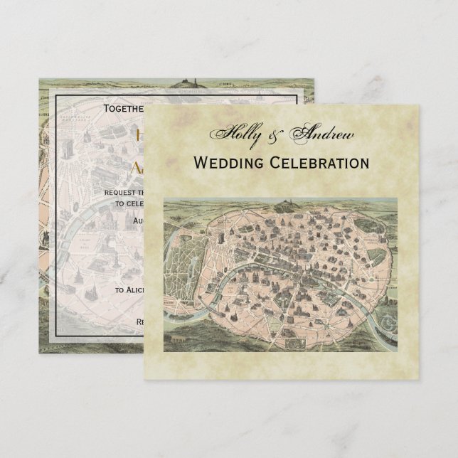 Antique Paris Map, Distressed BG #3 SQ Wedding Invitation (Front/Back)