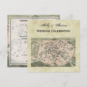 Antique Paris Map, Distressed BG #3 SQ Wedding Invitation