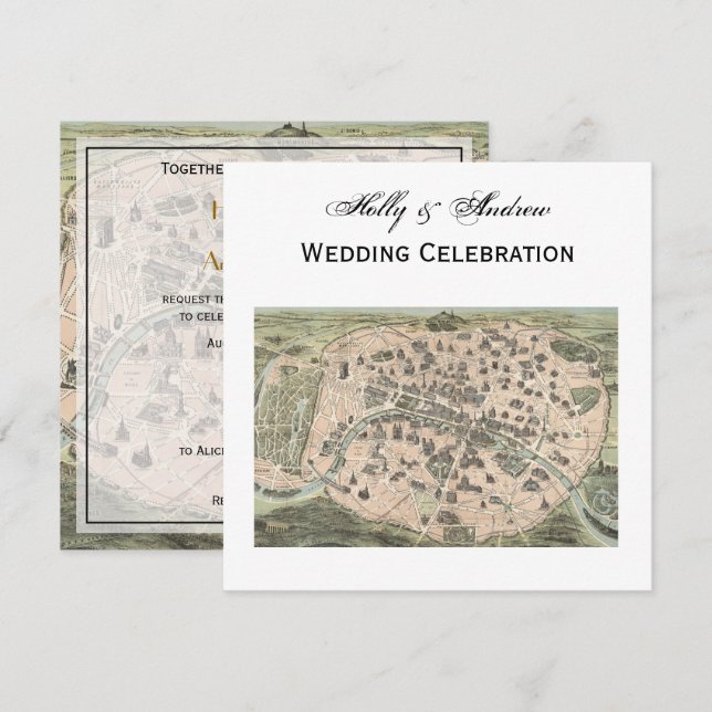 Antique Paris Map, DIY BG SQ Wedding Invitation (Front/Back)