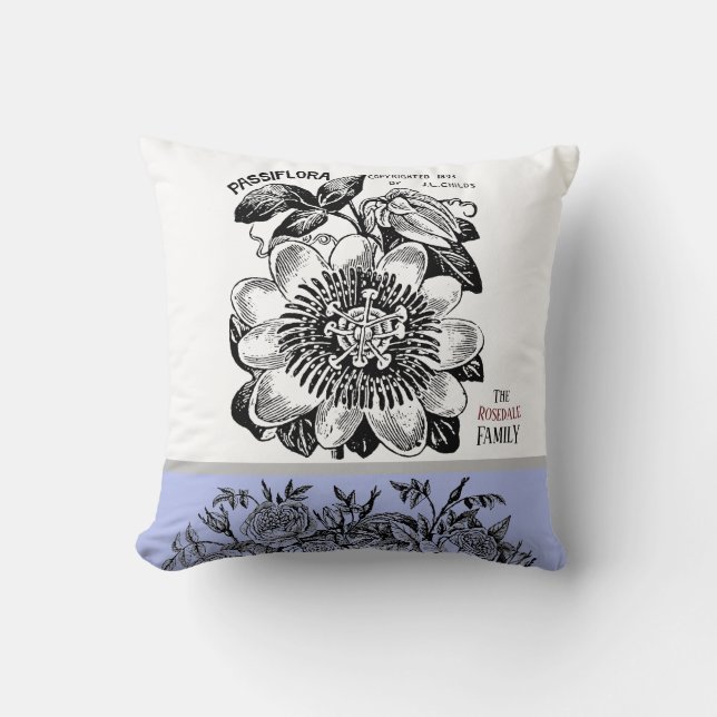 Antique Passion Flower - Choice of Text Periwinkle Cushion (Front)