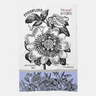 Antique Passion Flower - Choice of Text Periwinkle Tea Towel