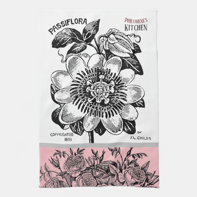 Antique Passion Flower - Your Choice of Text Pink Tea Towel (Vertical)
