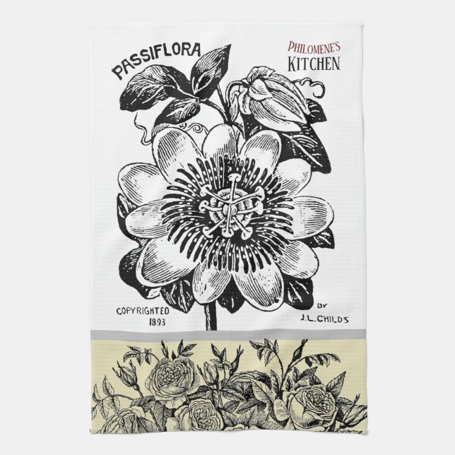 Antique Passion Flower - Your Choice of Text Tea Towel (Vertical)