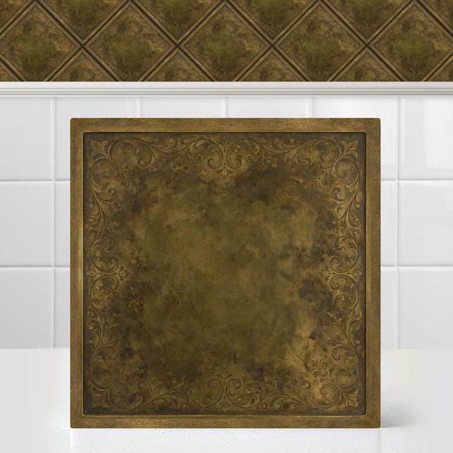 Antique Patinated Brass Engraved Damask Pattern Tile (Antique Patinated Brass Engraved Damask Pattern Ceramic Tile)