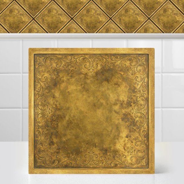 Antique Patinated Gold Engraved Damask Pattern Tile (Antique Patinated Gold Engraved Damask Pattern Ceramic Tile)