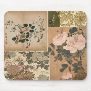 Antique Peach Pink Peonies Textiles and Art Mouse Mat