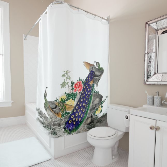 Antique peacock bird print vintage luxury shower curtain (In Situ)