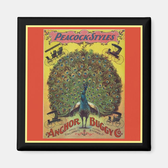 Antique peacock buggy company red yellow magnet (Front)