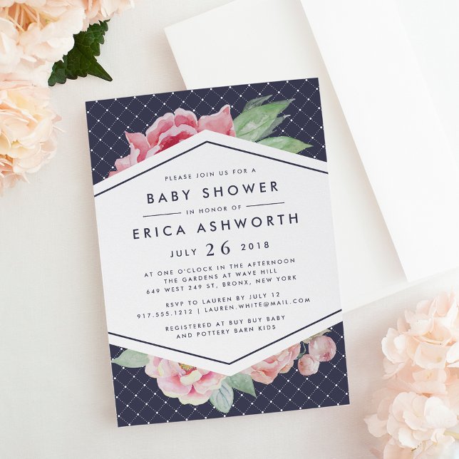 Antique Peony Baby Shower Invitation | Navy (Creator Uploaded)