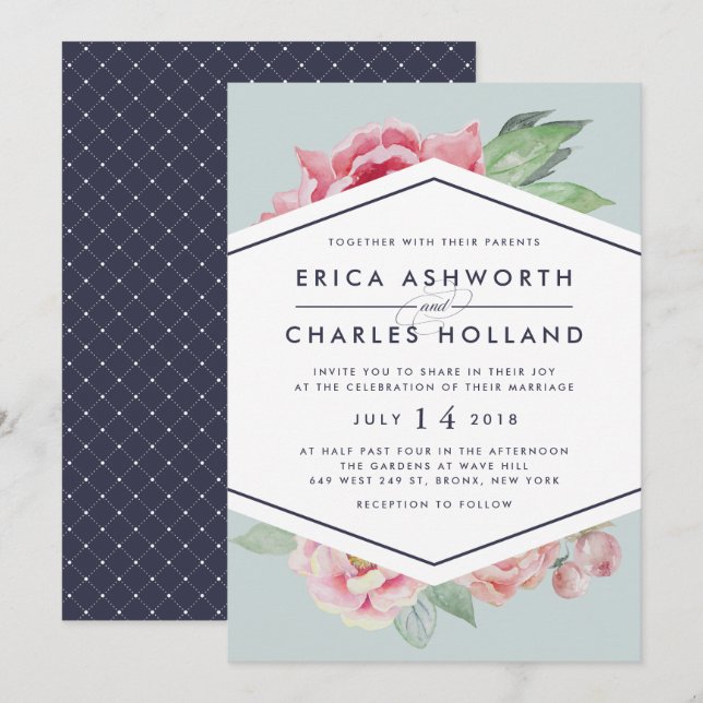 Antique Peony | Blush and Sage Wedding Invitation (Front/Back)