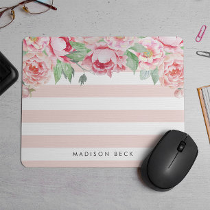 Antique Peony & Blush Pink Stripe Mouse Mat