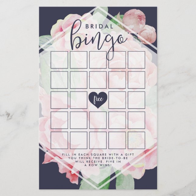 Antique Peony Bridal Shower Bingo Game (Front)