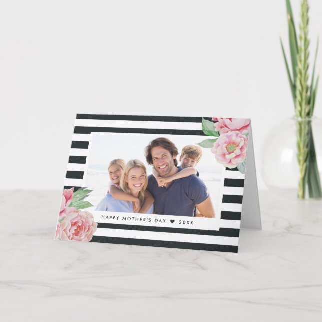 Antique Peony Charcoal Stripe | Mother's Day Photo Card (Front)