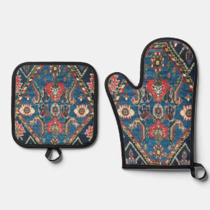 Antique Persian Turkish Carpet, Blue Oven Mitt & Pot Holder Set
