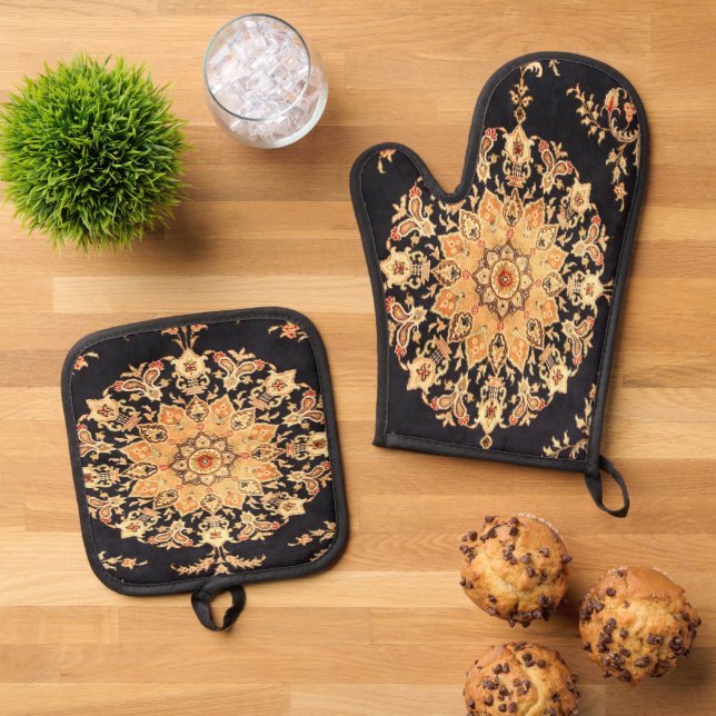 Antique Persian , Turkish Carpet Oven Mitt & Pot Holder Set (Top Down)