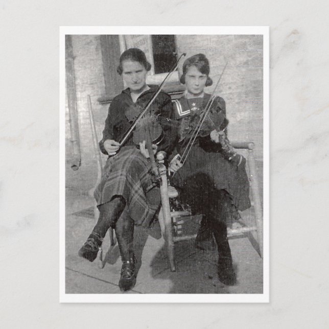 Antique photo of two women with violins postcard (Front)