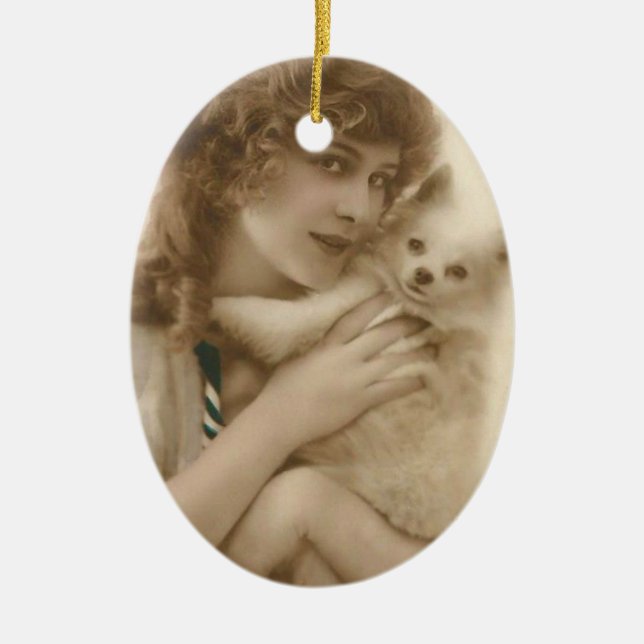 Antique Photo Victorian Woman and Dog Ceramic Tree Decoration (Front)