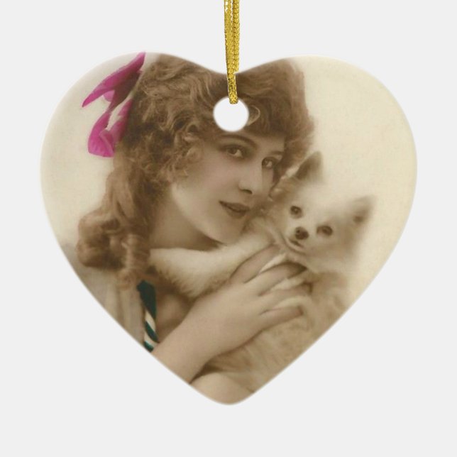 Antique Photo Victorian Woman and Dog Ceramic Tree Decoration (Front)