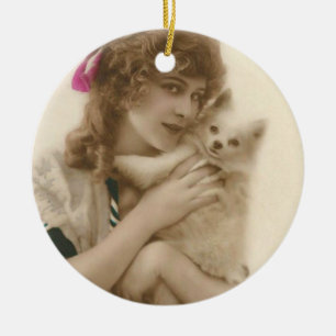 Antique Photo Victorian Woman and Dog Ceramic Tree Decoration
