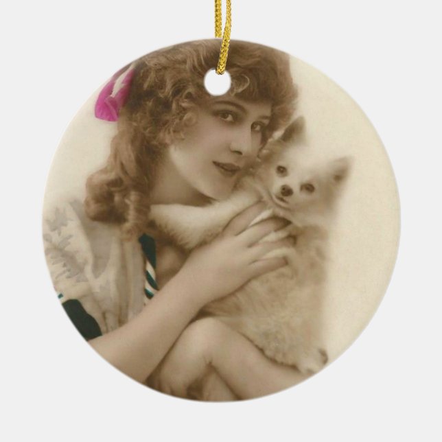 Antique Photo Victorian Woman and Dog Ceramic Tree Decoration (Front)